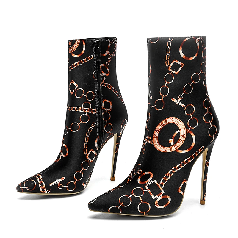 WETKISS/зимние атласные женские ботильоны г., теплая обувь с острым носком и принтом, модные ботинки на высоком каблуке Женская обувь на молнии