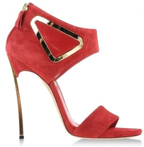 

High Quality Red Suede Leather Cut-out Triangle Sandals For Women Blade Heel Summer Dress Shoes Formal Women Pumps