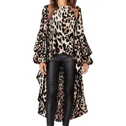 Оборками Фонари с длинным рукавом с леопардовым принтом Блузка Для женщин вечерние нерегулярные Шифоновая блузка осень, для женщин с