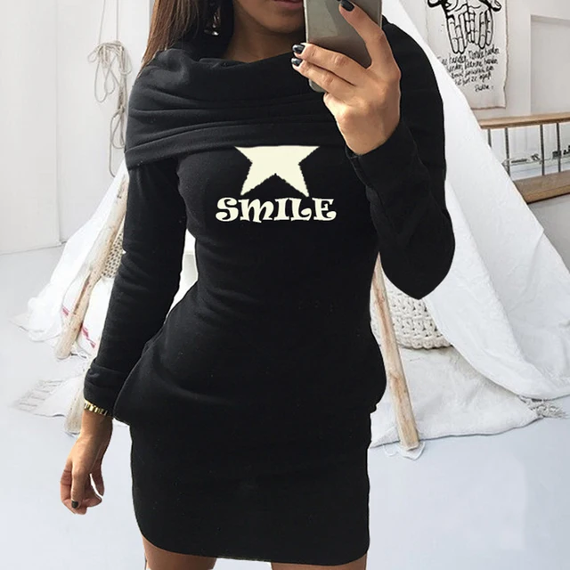 letter print ladies office dress women hoodies sweatshirt dress plus sweatshirt dress plus size