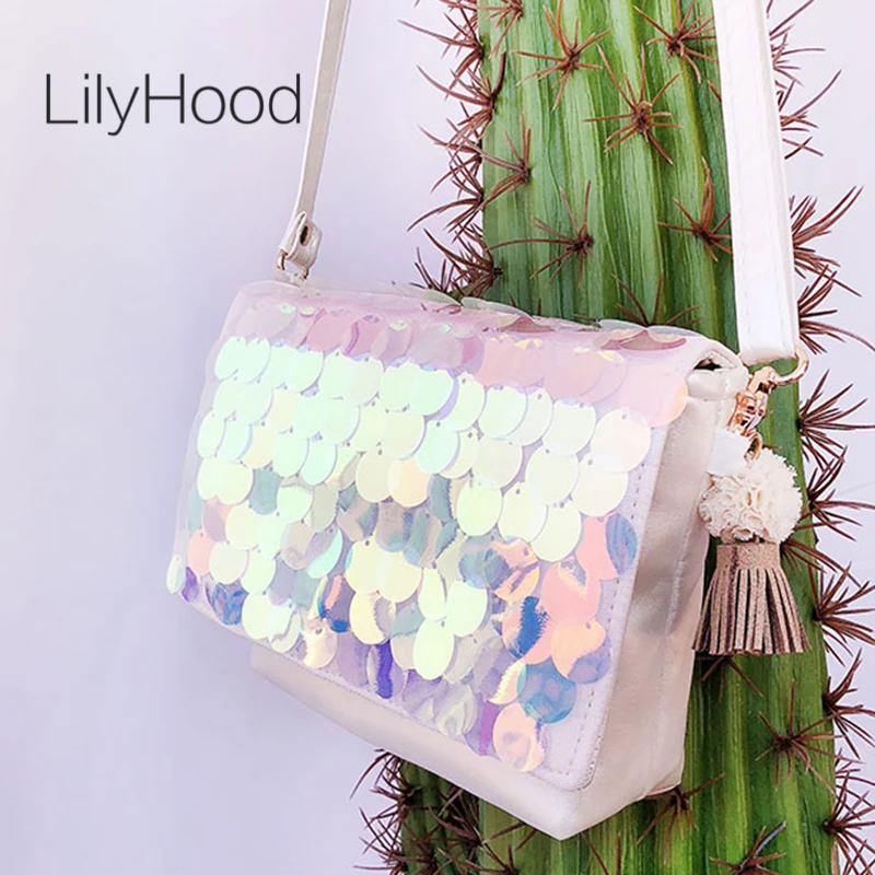 LilyHood Women Summer Sequin Flap Crossbody Bag Female Fashion Casual Beach Iridescent Sparkle Paillette Small Cute Shoulder Bag