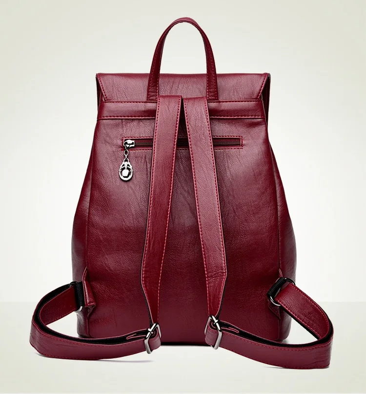 MJ Women Leather Backpack Solid PU Leather Travel Bag Branded Design Female Large School Bag for Girls High Capacity Drawstring (18)