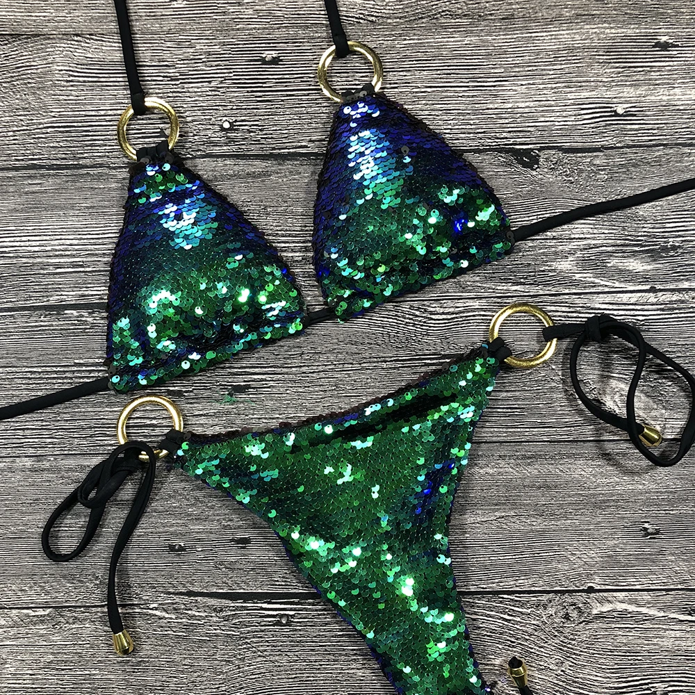 Solid Bikini Sexy Swimsuit Halter Swimwear Bathing Suit Women Bling Sequin Bikini Set Beach Wear Dropshipping Monokini Glitter swimsuit Bikini Sets