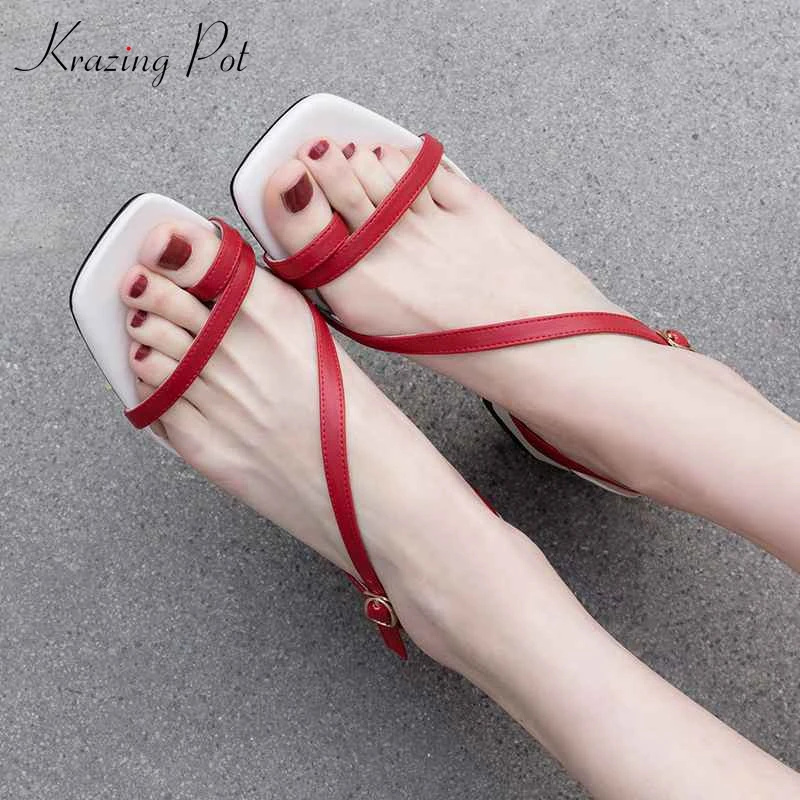 

Krazing Pot full grain leather summer women fashion design med heels beach vacation princess set finger buckle strap sandals l37