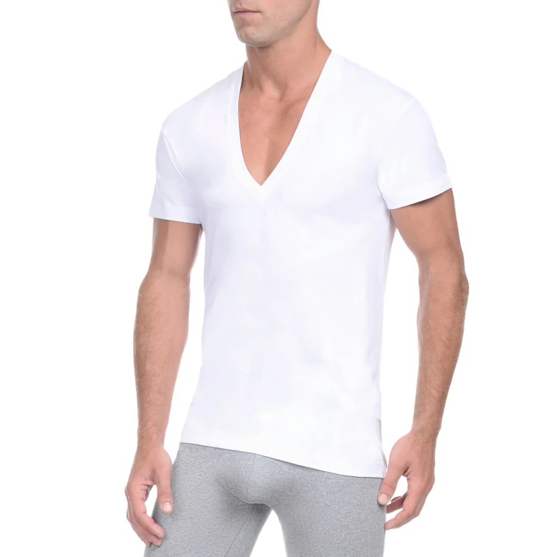 KalvonFu Мужская футболка с глубоким v-образным вырезом, короткий рукав, однотонная повседневная майка, мужская хлопковая летняя Базовая футболка