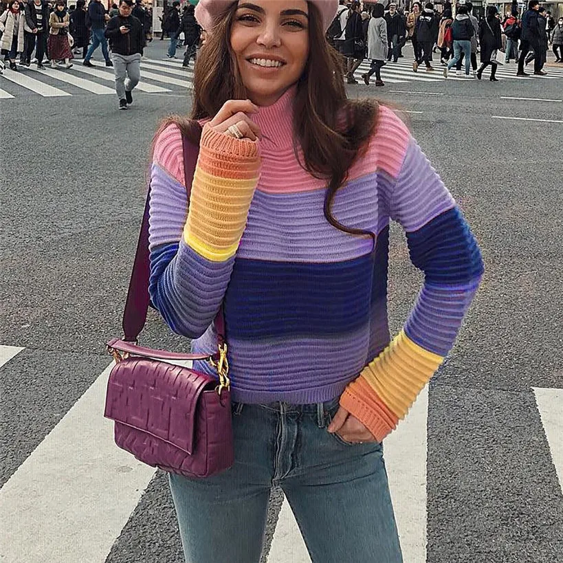 Womens Patchwork Roll Neck Jumper Sweater Lazy Turtleneck Chunky Knit Pullovers sueter cuello alto mujer invierno J30 | Женская одежда