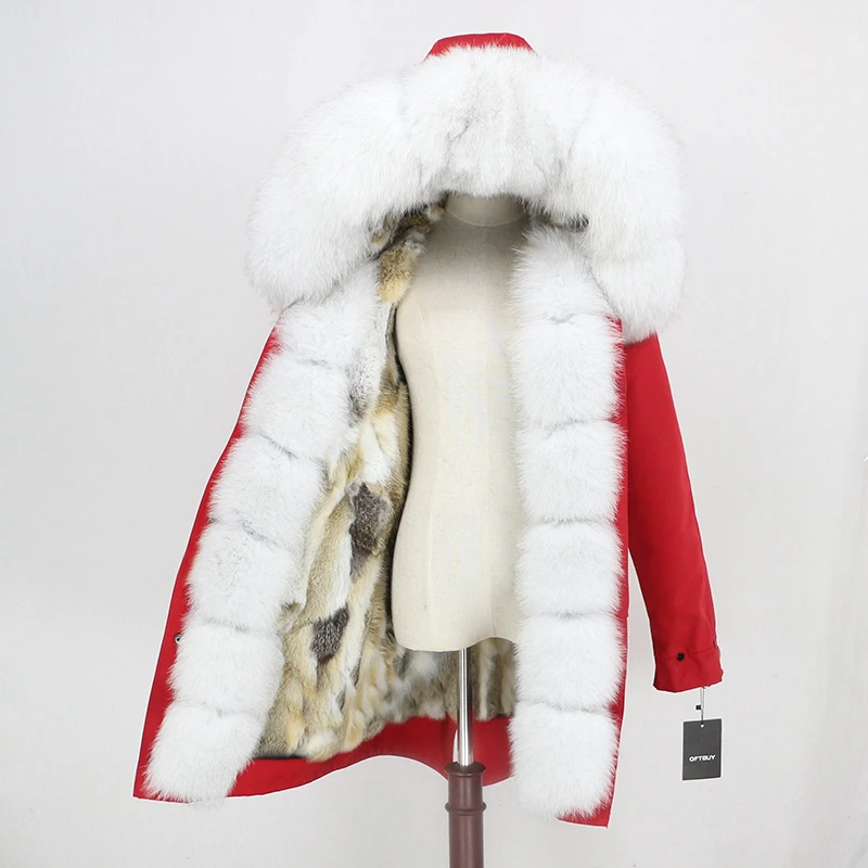 OFTBUY, пальто из натурального меха, зимняя куртка, Женская водонепроницаемая длинная парка, натуральный Лисий мех, воротник, капюшон, мех кролика, подкладка, верхняя одежда, съемная - Цвет: red white
