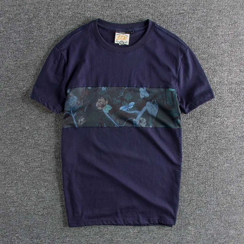 

2019 new arrival Individual mesh stitching print T-shirt Summer European and American men's round collar short sleeves TOPS T