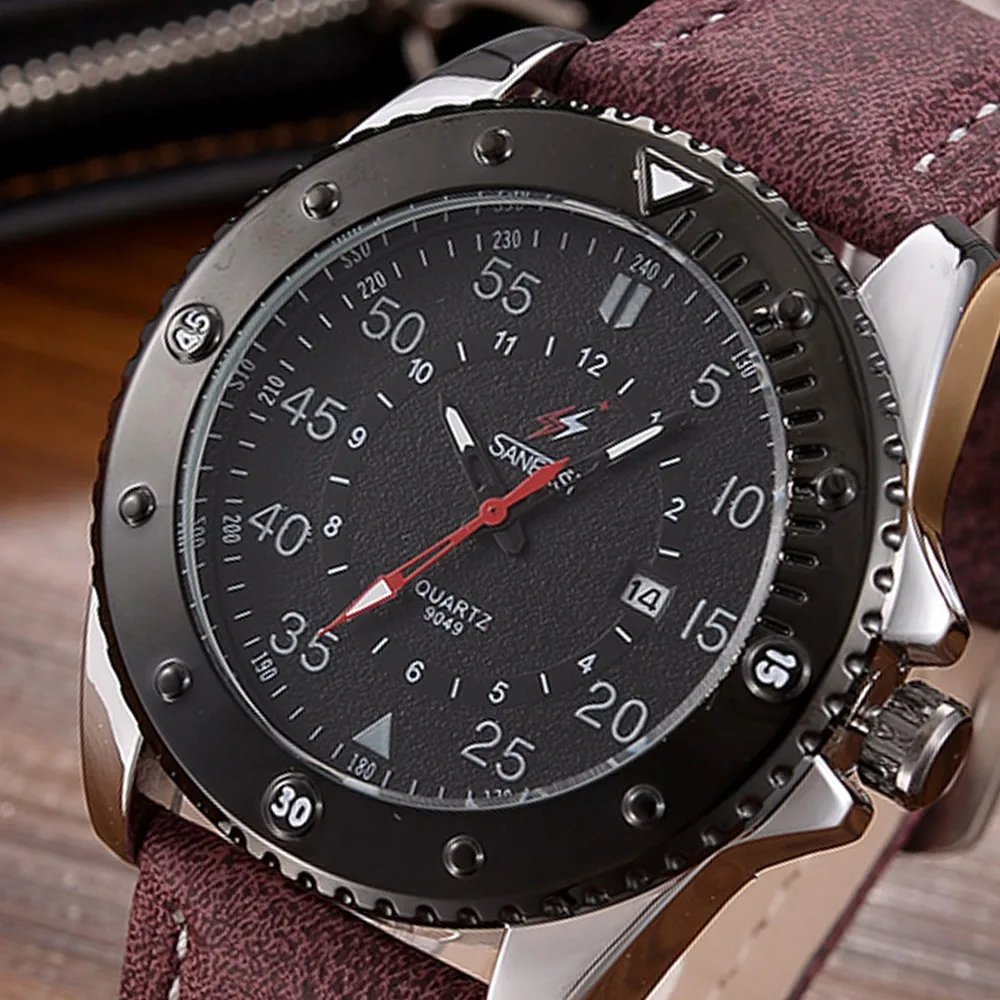 Saneesi кварцевые часы для Для мужчин японский двигаться Для мужчин t и кожи класса люкс ремень 30 м Водонепроницаемый наручные часы 9049