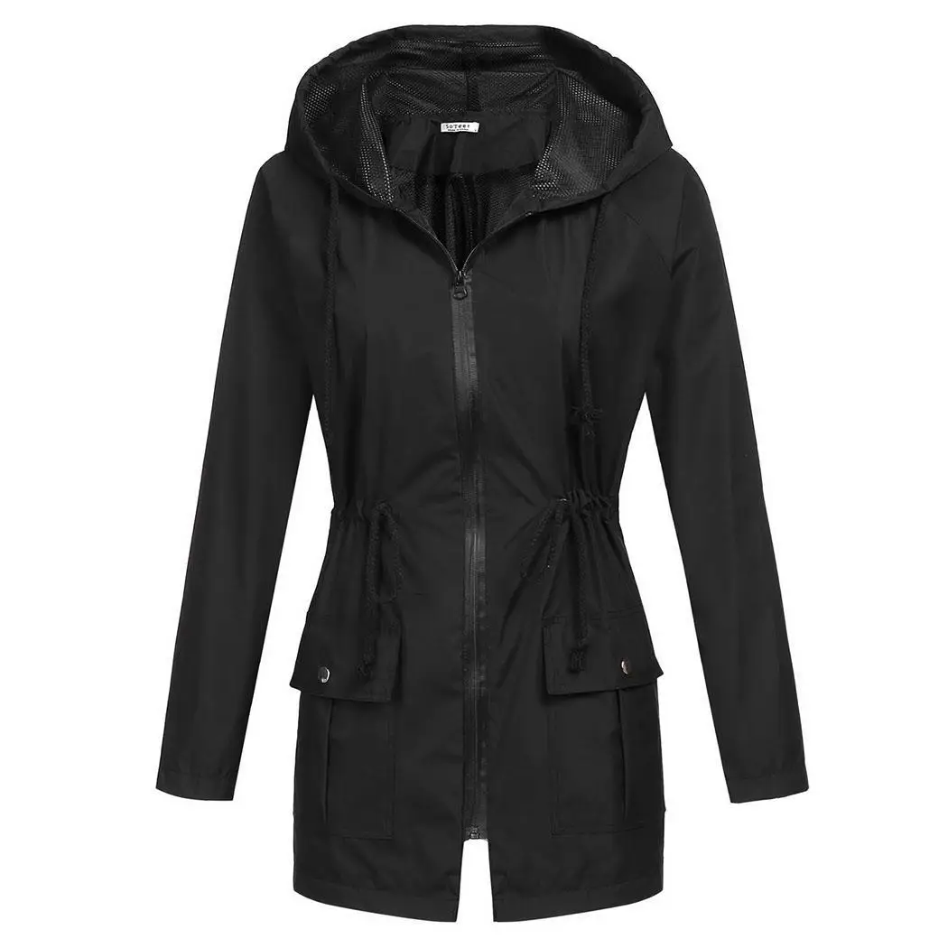 

Regular Rain Long Black Yellow Women Solid Lightweight Sleeve Waterproof Raincoat Navy Blue Zipper Hooded Casual Jacket