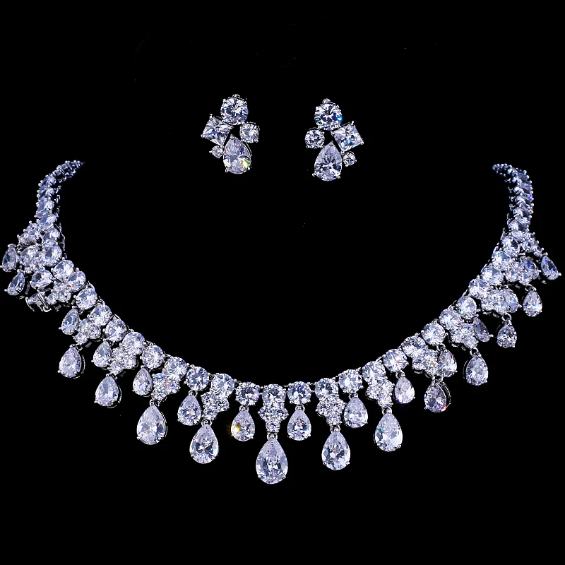 Emmaya Zircons High Quality White Gold Color Cubic Zirconia Bridal Wedding Necklace And Earring Sets Party Gift
