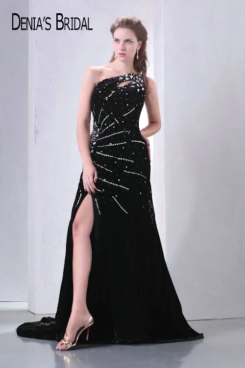 Real Photos Black One Shoulder Keyhole A-Line Evening Dresses Beaded Sweep Train Floor-Length Long Prom Gowns | Свадьбы и торжества
