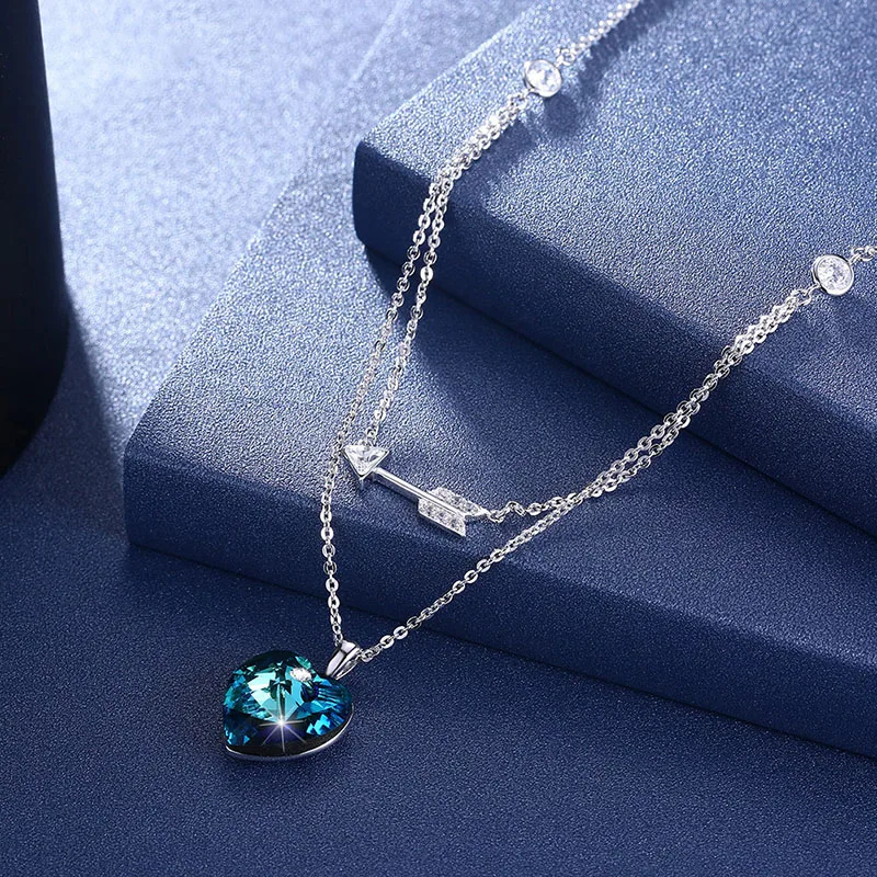 Двухслойное женское ожерелье с кристаллами от Swarovski сердце кулон-Стрела 925 стерлингового серебра цепь воротник украшения для помолвки