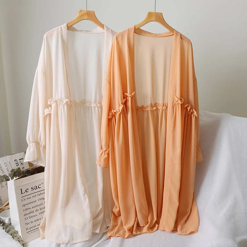Женский летний пляжный кардиган Boho шифоновый с кружевными оборками подходит ко