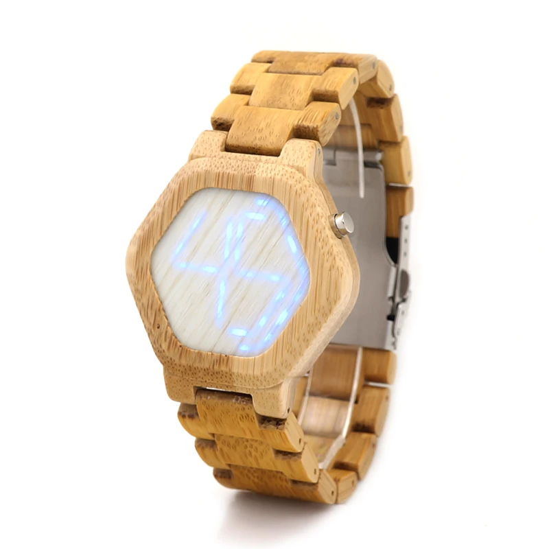 relogio BOBO BIRD LED Bamboo Wood Watches Digital Watch Men Kisai Night Vision Calendar Wristwatch Minimal Time Display C-eE03
