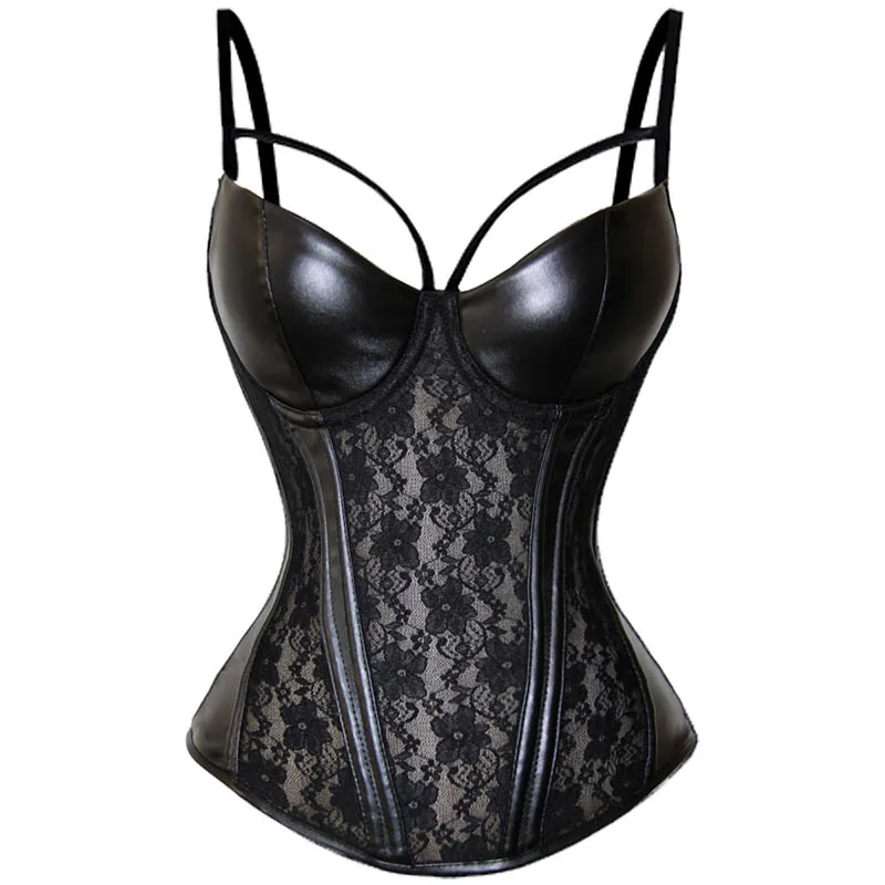 

Gothic Womens Sheer Lace Vinyl Leather Overbust Corset Bustier Plus Size Black Spaghetti Strap Slim Waist Cincher Bodyshaper 3XL