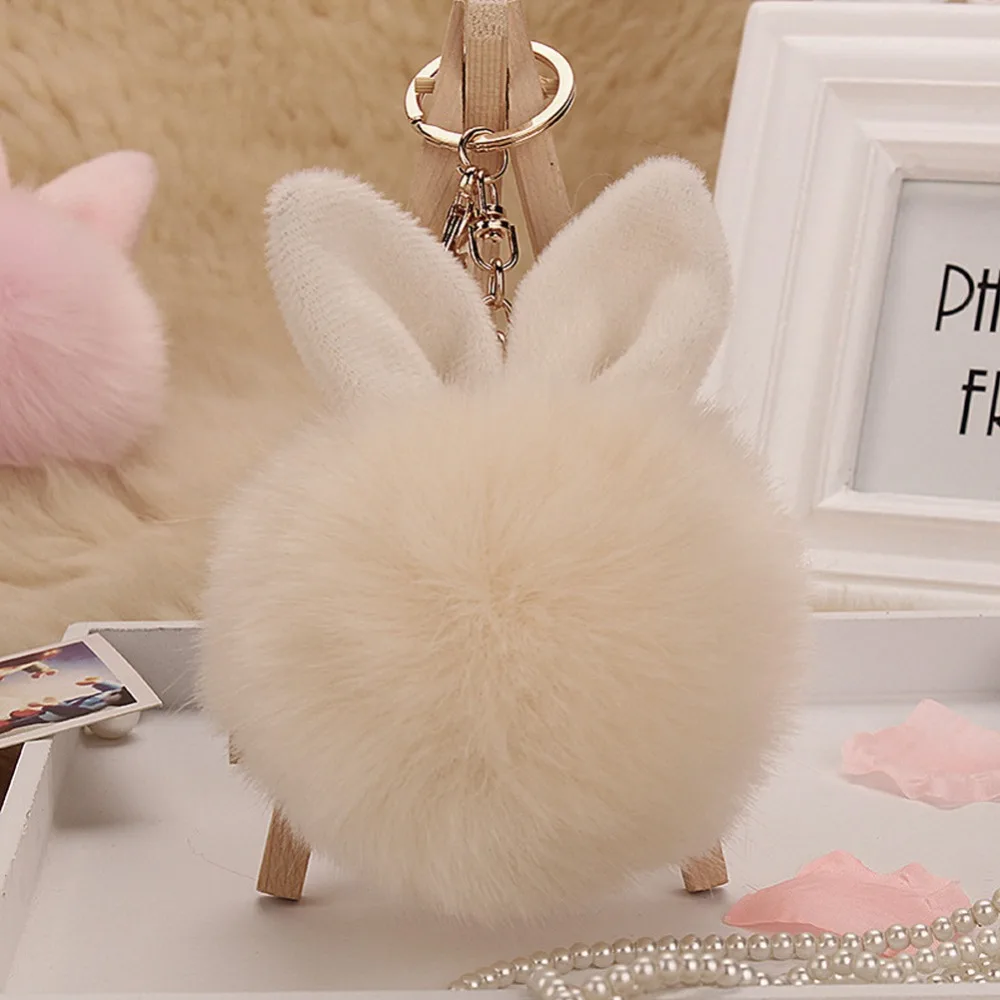 

New Trinket Rabbit Bunny Rabbit keychain Pompon Fluffy Women Rabbit Ear Fur Ball Key Chain Rings Bag femme Pom Pom key ring