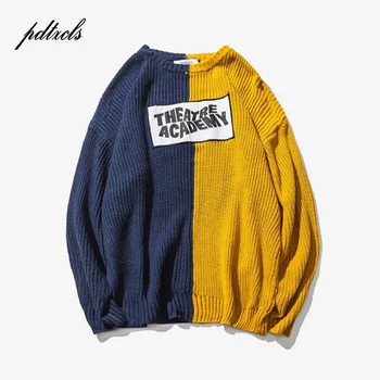 New Color Block Patchwork Knit Sweaters Mens 2018 Hip Hop Winter Casual Pullover Sweater Male Fashion Loose Long Sleeve Sweaters color block mixed knit pullover sweater