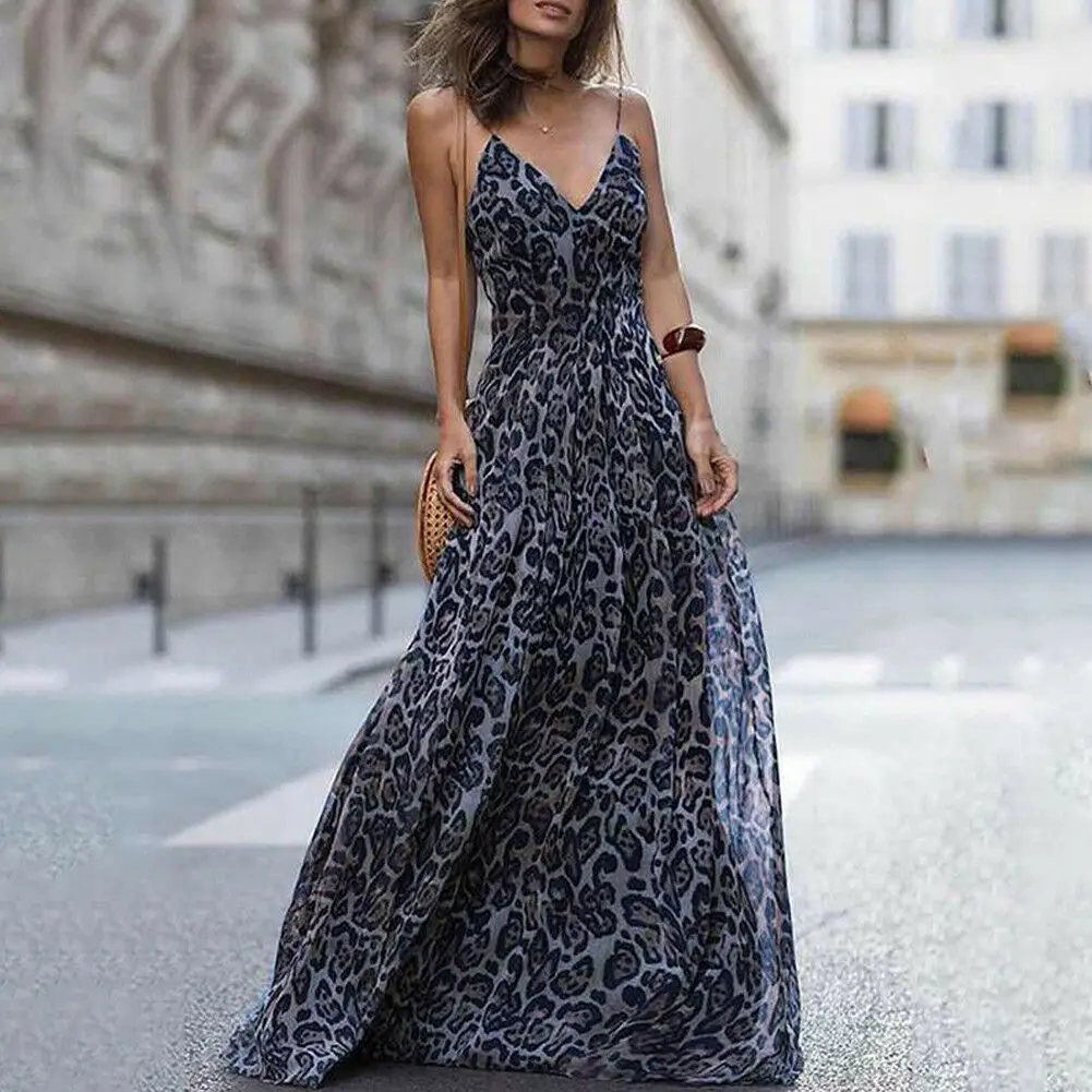 

Women Leopard Print Sleeveless Maxi Long Dress Fashion Ladies Party V Neck Summer Beach Sexy Dress Sundress
