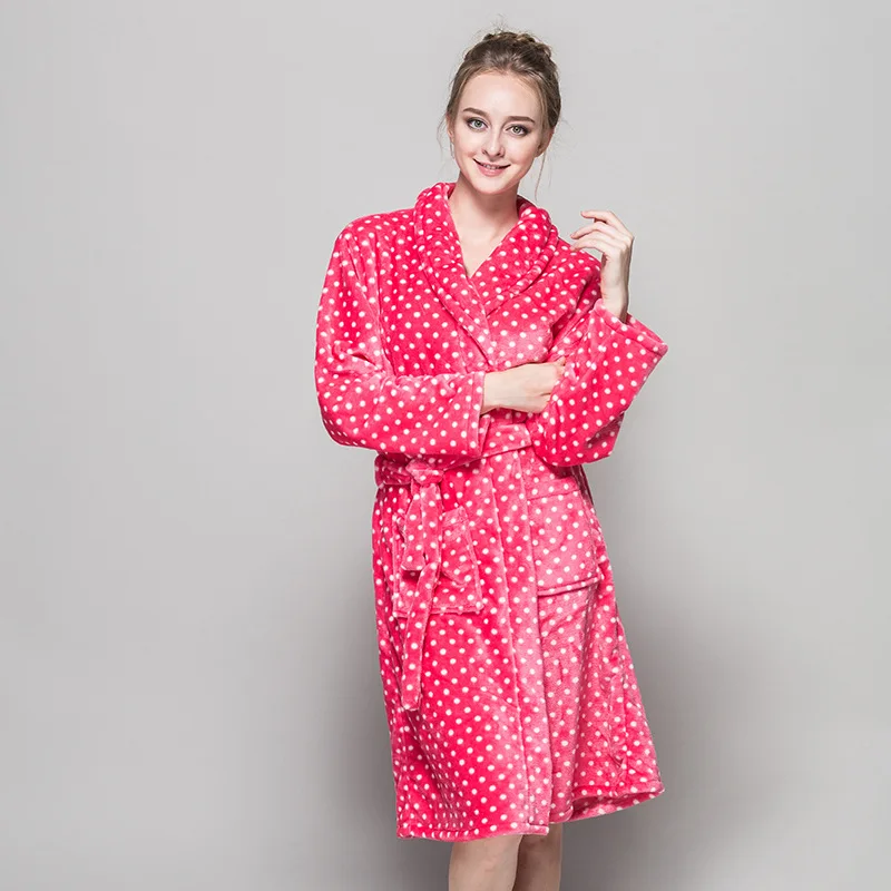 2018 New Style Soft Quality Flannel Bath Robes Women Pink Red Dot