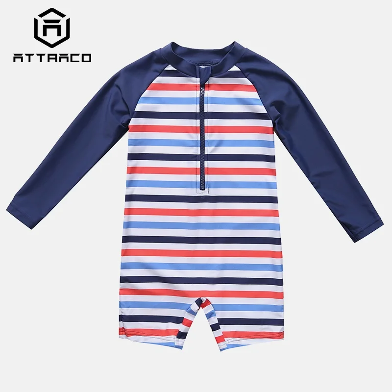 Attrico/цельный купальник на молнии для маленьких мальчиков, детский полосатый Рашгард, детский купальник с длинными рукавами, Рашгард UPF 50+, пляжная одежда - Цвет: GRA