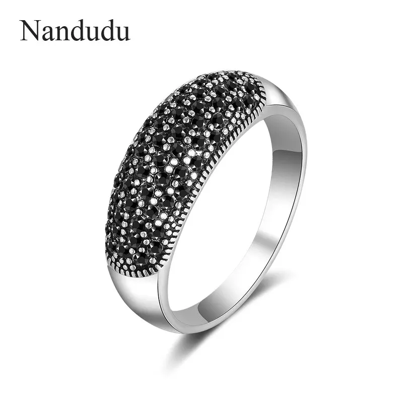 

Nandudu Fashion Marcasite Black Rings for Women Girl Lady Thai Silver Jewelry Gift Ring Accessories for Party Wedding R2126
