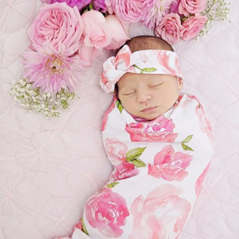 Розовый цветочный принт для новорожденных Модное детское Пеленальное Одеяло детская пеленка для сна муслиновая пеленка повязка на голову
