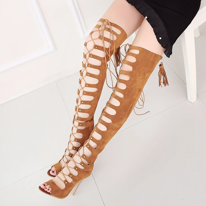 Toe Haute D'été Sur Peep Up Bottes Le Genou Bootie jaune Cuisse Noir Chaussures Nemaone Femmes Découpes Talons Lace Botas DYWEH92eI