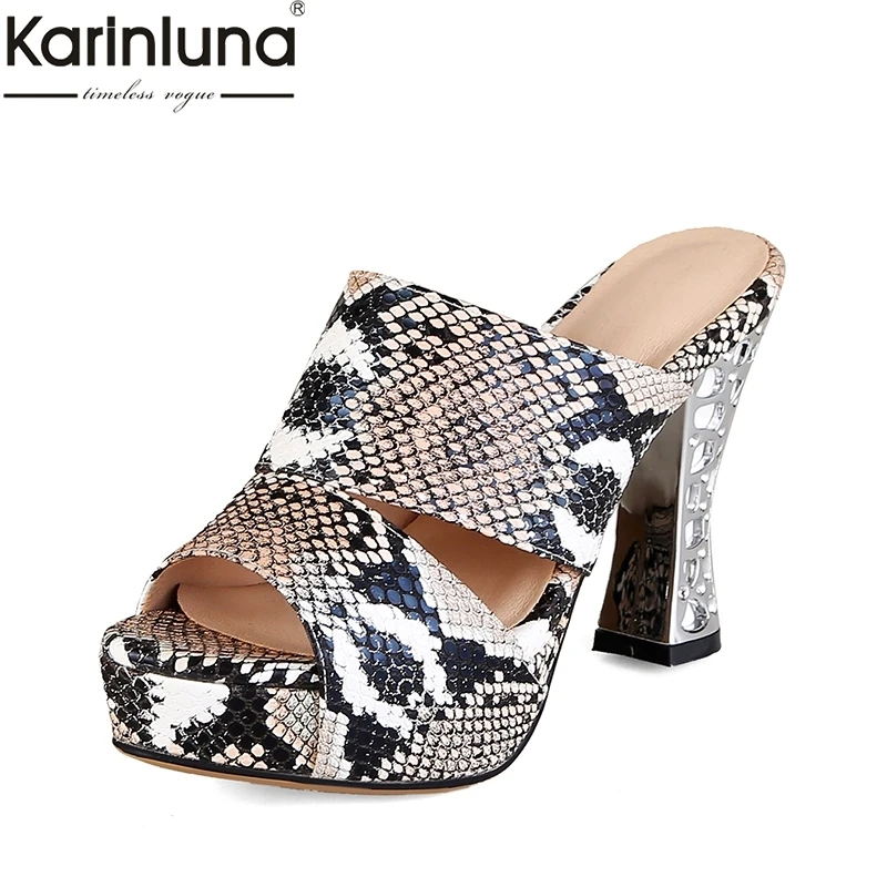 

Karinluna large Size 44 Fashion Snake Texture Fretwork Mules Women Summer Platfom High Heels Slippers Women Shoes Woman