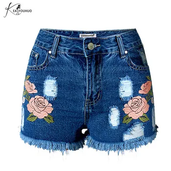 

Fashion 2018 Rose Embroidery Denim Shorts For Women Flower High Waist Jeans Short Femme Summer Tassel Female Shorts Light Blue