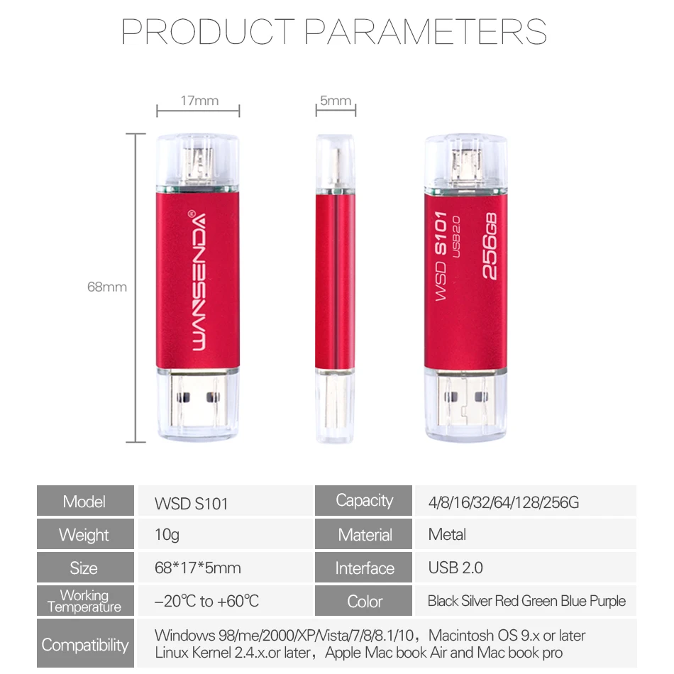 WANSENDA OTG USB флэш накопитель металлический 8 ГБ 16 32 64 Гб 128 256 флешки 2 в 1 Micro usb палка
