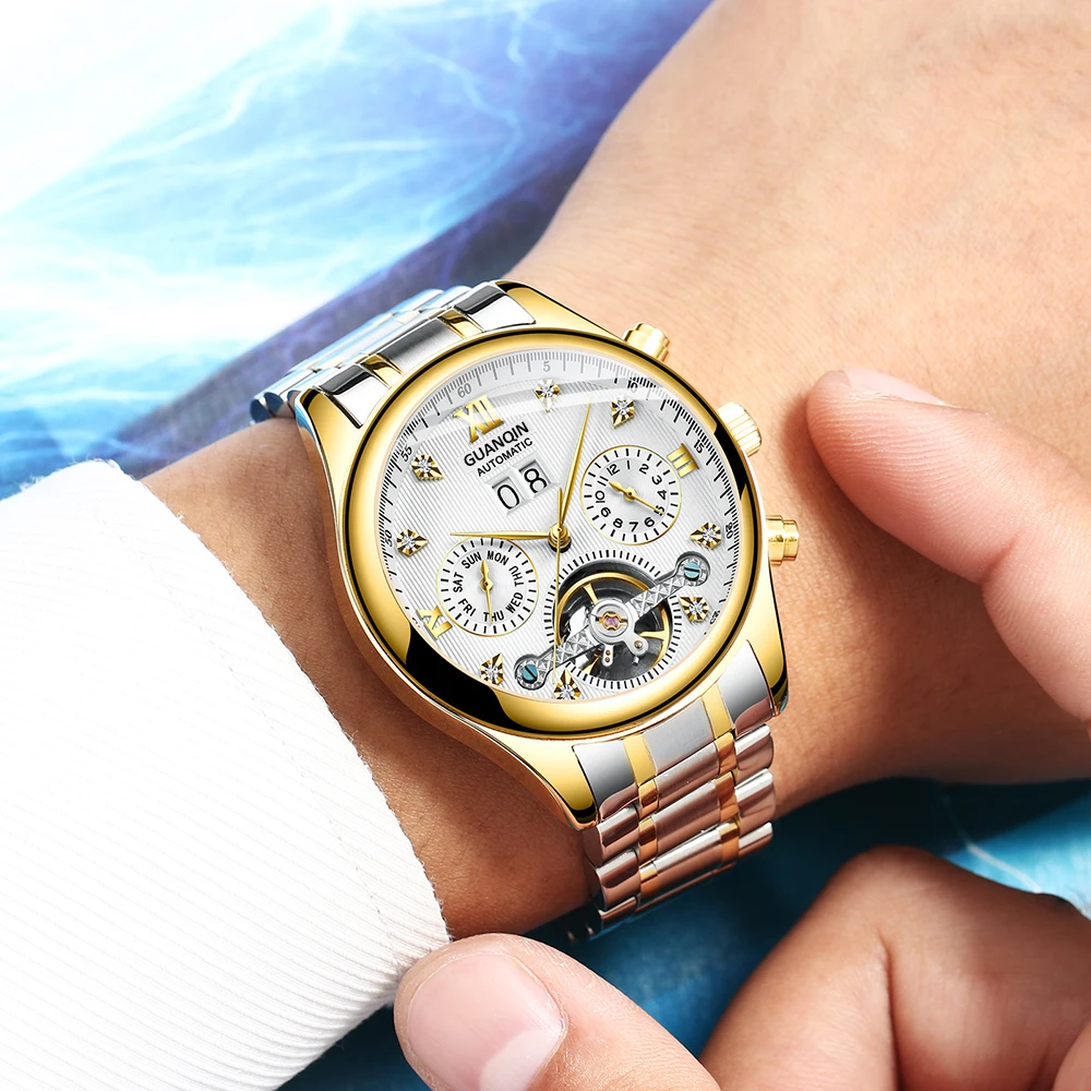 Новые часы GUANQIN Мужские Роскошные автоматические механические водонепроницаемые часы из нержавеющей стали с датой золотые мужские наручные часы Erkek kol saati