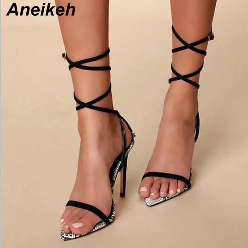 

Aneikeh 2019 Neutral PVC Sandals Women Thin Belt Serpentine Thin High Heels Pointed Toe Buckle Strap Office Wedding Black Green