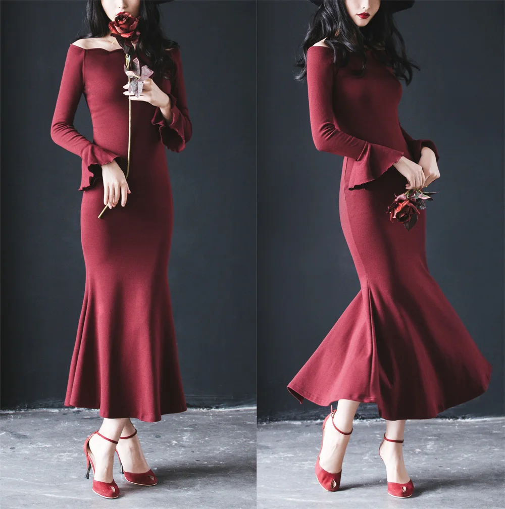

Elegant slit neckline scalloped slim hip fish tail one-piece dress expansion bottom full dress 1874 long-sleeve