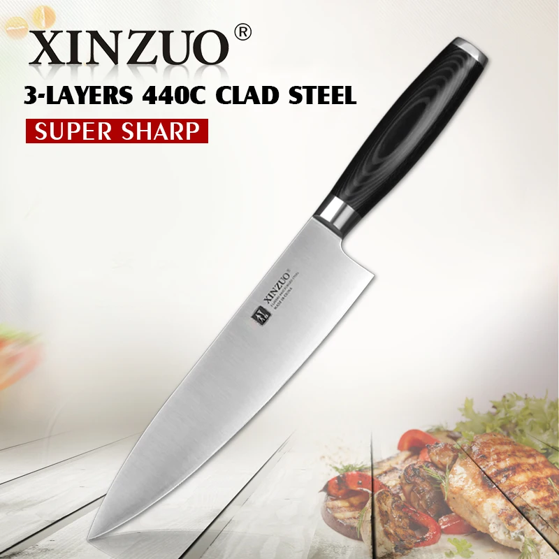 XINZUO 8 inch chef knife three layers 440C clad steel kitchen knives micarta handle cleaver tackle free shipping | Дом и сад