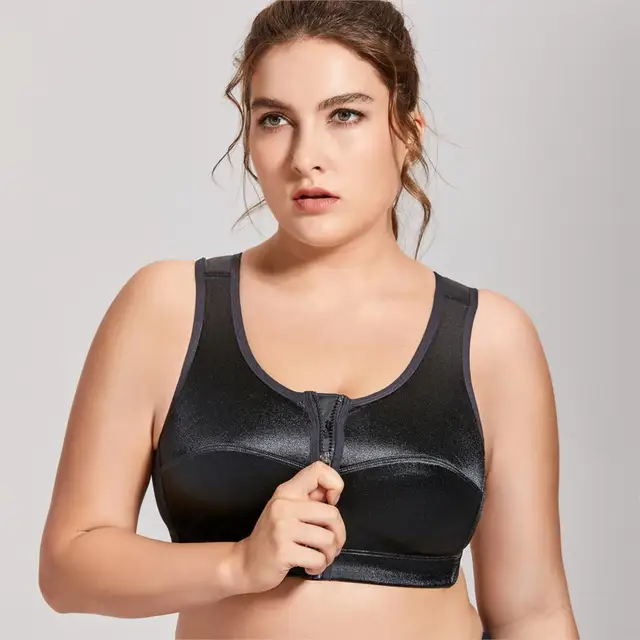 Women's High Impact Back Support Zip Front Close Plus Size Active Brain Bras from Underwear