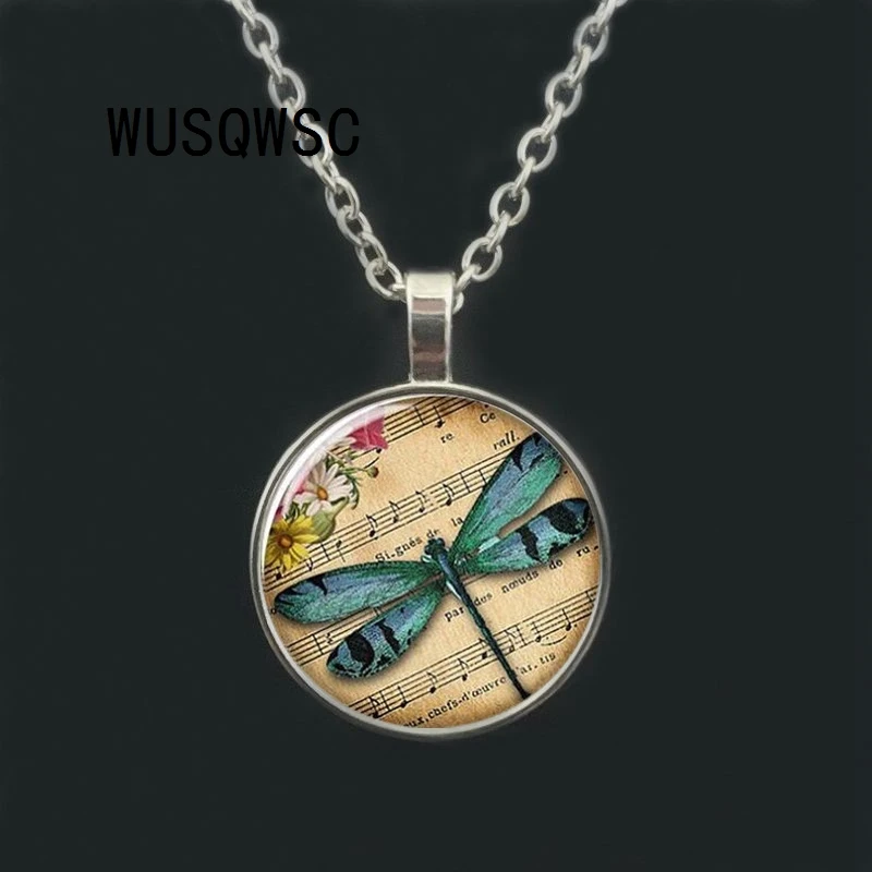 

WUSQWSC Blue Dragonfly music key glass Cabochon necklaces personality retro art picture Pendant Necklace Choker jewelry