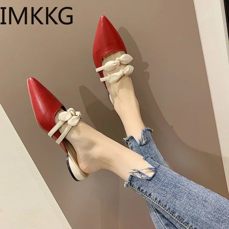 

2019 Spring Small Bowknot Pointed Toe Flat Woman Slippers Slip On Butterfly Loafers Mules Flip Flops Casual Shoes F90215
