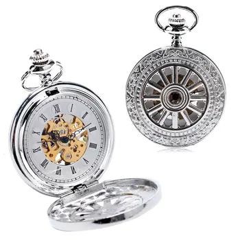 

New Arrival Wheel Horse Case Design Roman Number Skeleton Dial Mechanical Pocket Watch With Chain