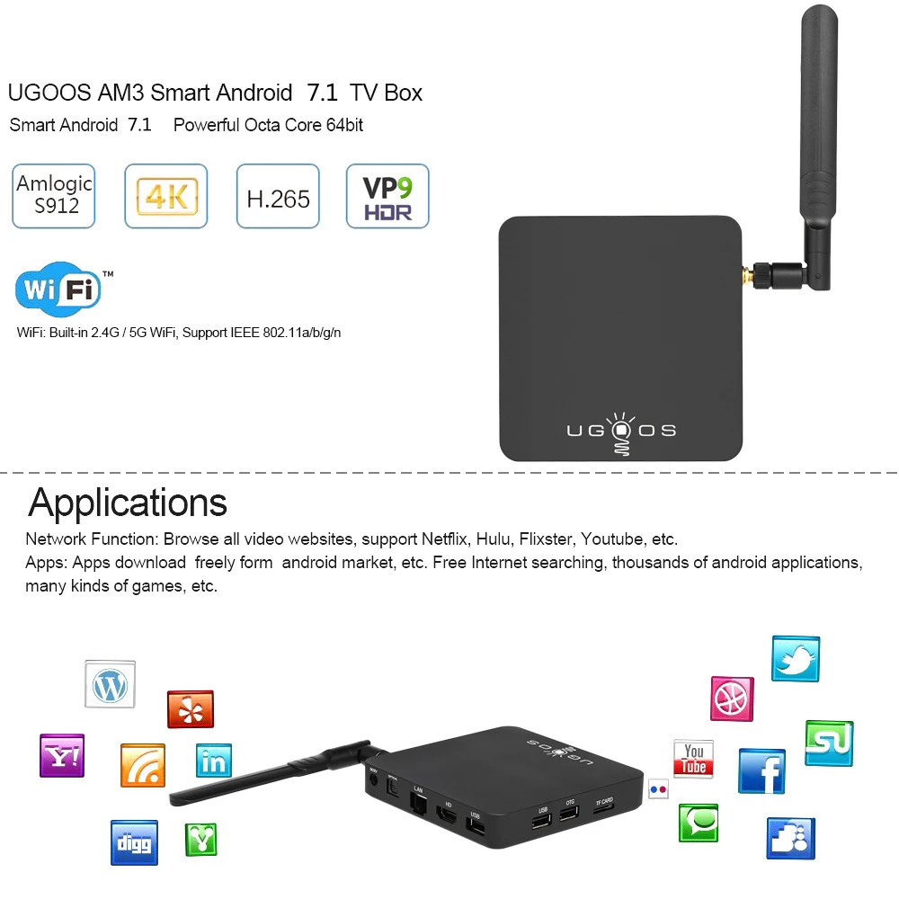 UGOOS AM3 Amlogic S912 Восьмиядерный Смарт Android 7,1 tv Box 2 Гб ОЗУ 16 Гб ПЗУ 2,4 г/5 г WiFi 1000 м LAN Bluetooth 4K HD медиаплеер