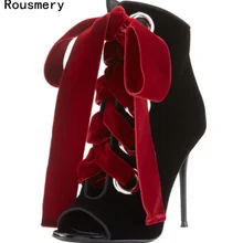 Прямая осень г. новые модные женские туфли черный, красный вина открытый носок большой Кружево до галстук-бабочку шпильки круги короткие Сандалии для девочек сапоги