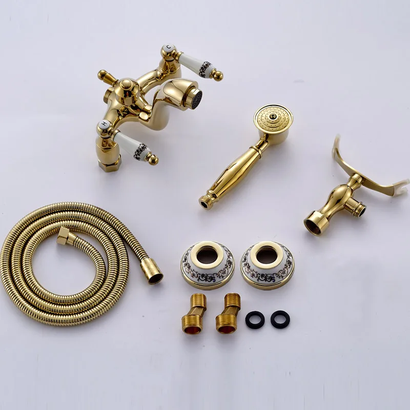 Online Europäische Antike Bad Wasserhahn Wasser Misch Ventil Kupfer Gold Badewanne Wasserhahn Dusche Set Wand Montiert Telefon Griff Dusche Kopf