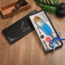 BNB 1Set English Calligraphy Feather Fountain Pen Dip Water Quill Pen Writing Ink Set Stationery Gift Box with 5 Nibs 8 Colors new nature feather calligraphy handwriting dip pen set with 2 wax seals 1 stamper 1 ink 5 nibs