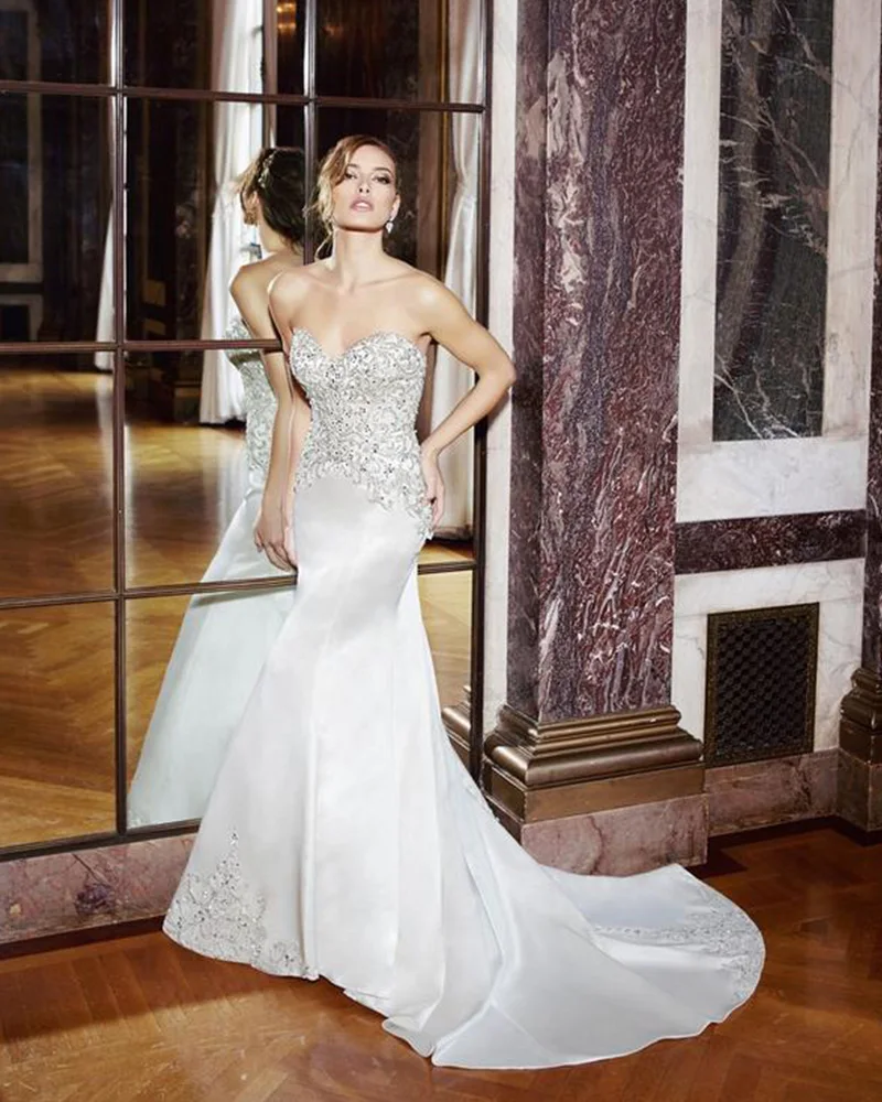 Jark Tozr Newest Special Embroidery Beading Crystal Shawl Ivory Satin Slim Two Pieces Mermaid Wedding Dress 2017 Bridal Gowns