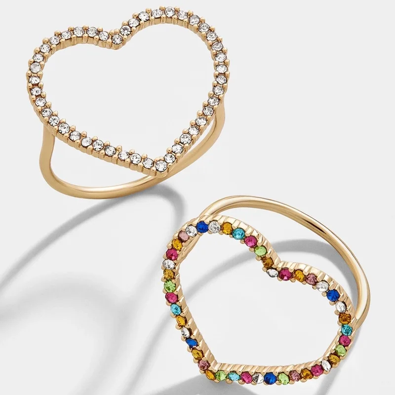 

Fashion Femal Heart ring line micro pave Crystal cz Gold Color Statement Party rainbow cz Rings for women
