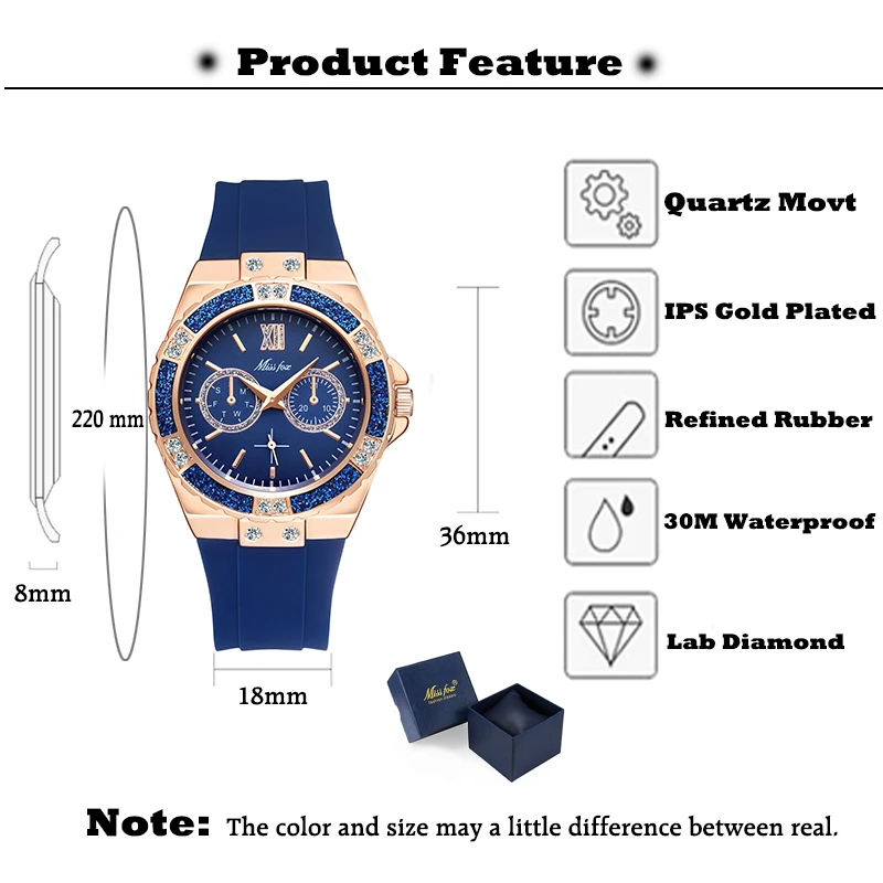 Missfox женские кварцевые часы модные блестящие золотые женские часы синий резиновый ремешок кристалл алмаз для женщин Лидер продаж часы Xfcs Новинка