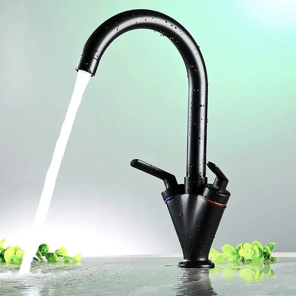 

Black Bathroom Kitchen Faucets Mixer 360 Degree Swivel Sink Tap Dual Lever Swivel Spout Mixer Valve Tap braided flexible hoses