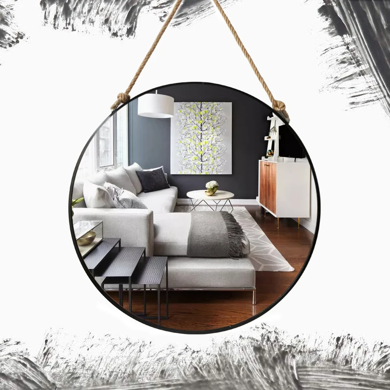 Espejo colgante de pared de Metal Retro con cuerda de cáñamo Espejos decorativos para baño maquillaje creativo espejos de hierro de afeitar grandes 50 cm
