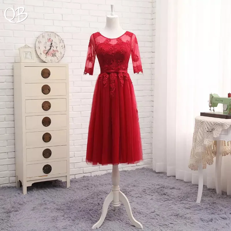 

Tea Length Short Evening Dresses A-line Half Sleeve Tulle Lace 2019 New Formal Simple Party Dress Wine Red Pink Blue Gray EN02T