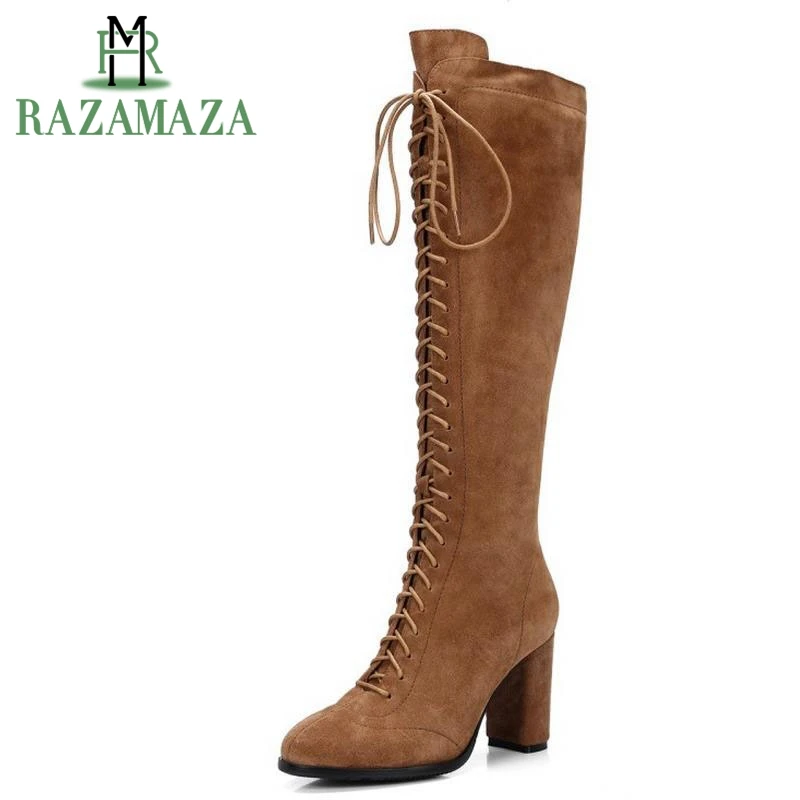 

RAZAMAZA Ladies Real Leather Thick High Heels Knee High Boots Women Cross Strap Side Zip Shoes Women Autumn Botas Size 34-39